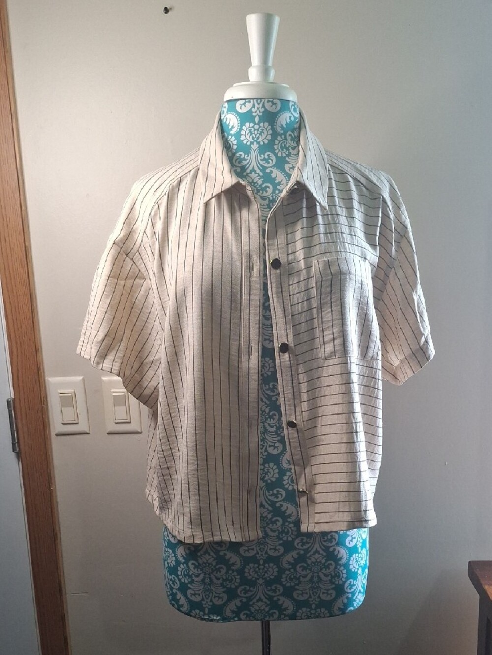Striped Short-Sleeve Button Front Blouse in Ivory - Picture 2 of 5